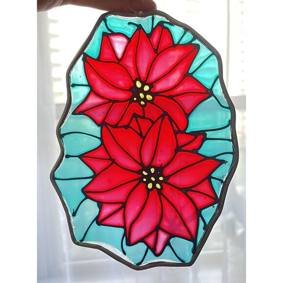 VTG 7" Stained Glass Sun Catcher – Red Poinsettia Holiday Window Decor - Picture 1 of 7